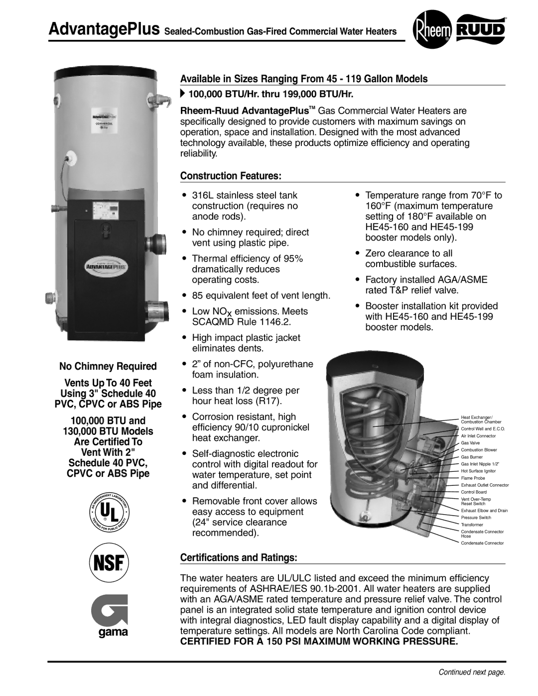 Rheem HE45-199 manual Available in Sizes Ranging From 45 119 Gallon Models, Construction Features No Chimney Required 