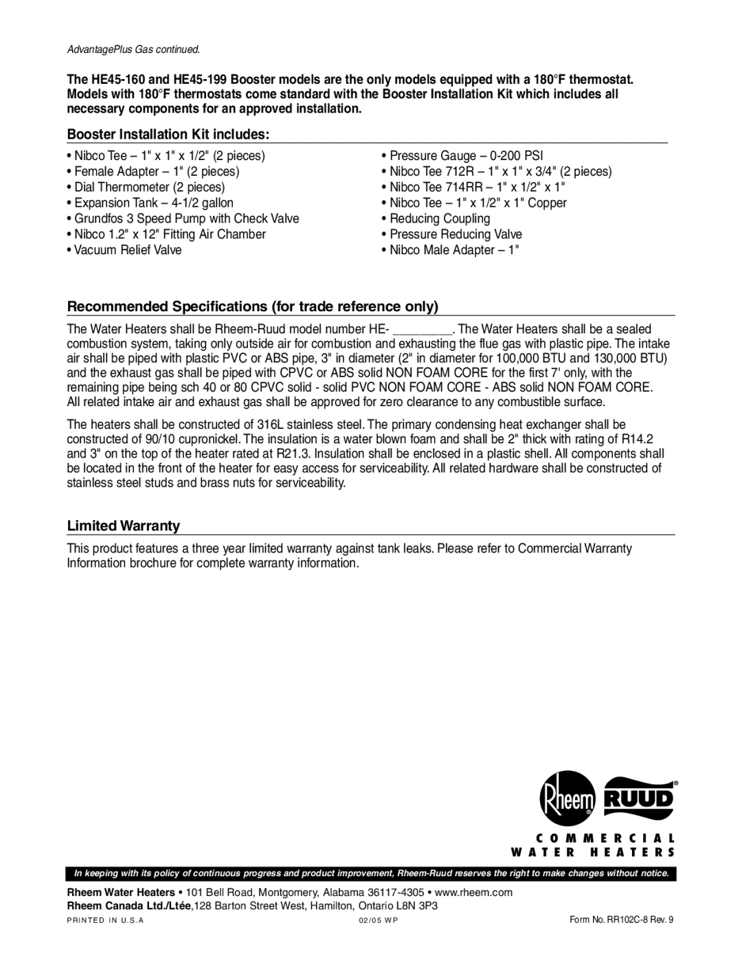 Rheem HE45-160 Booster Installation Kit includes, Recommended Specifications for trade reference only, Limited Warranty 