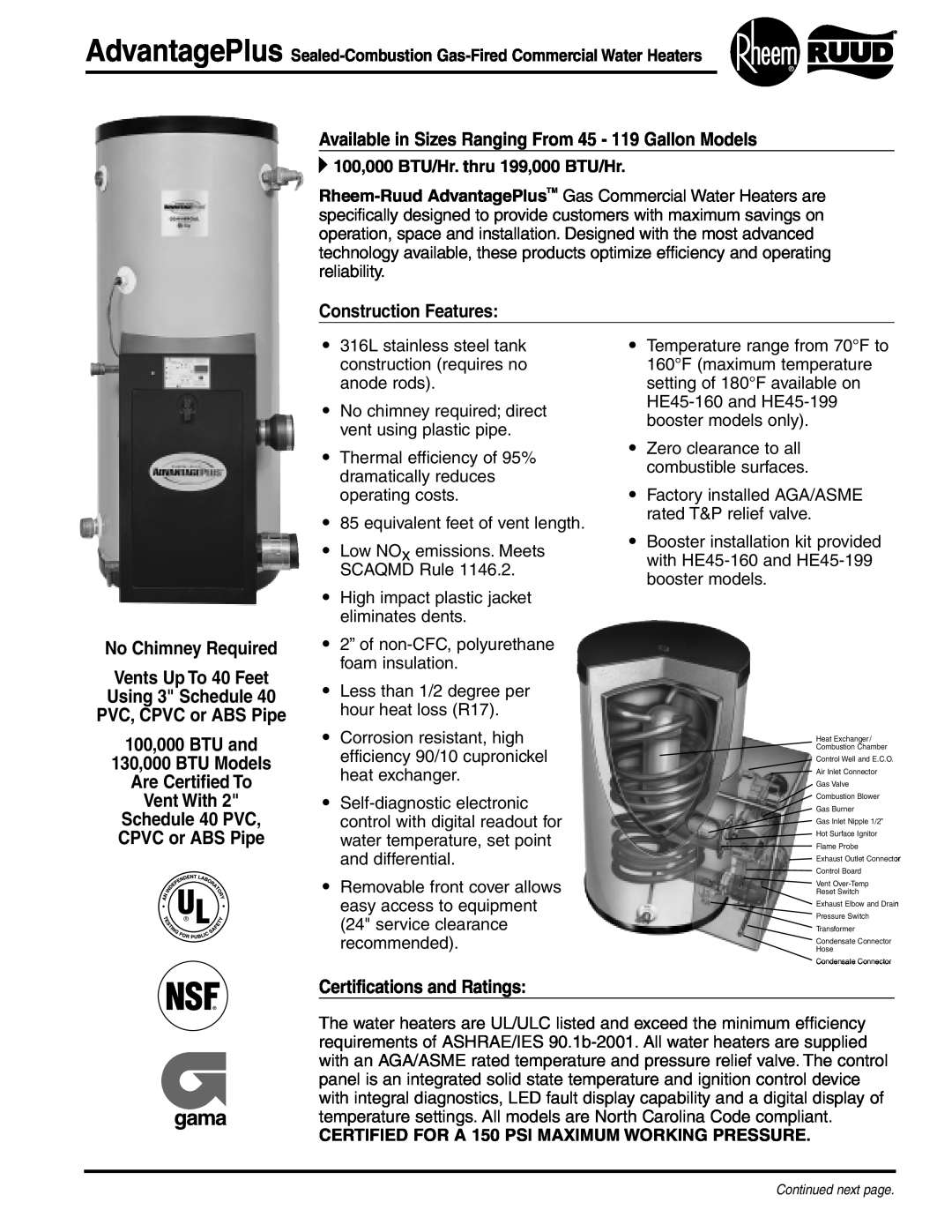 Rheem HE45-199 manual Available in Sizes Ranging From 45 - 119 Gallon Models, Construction Features, No Chimney Required 