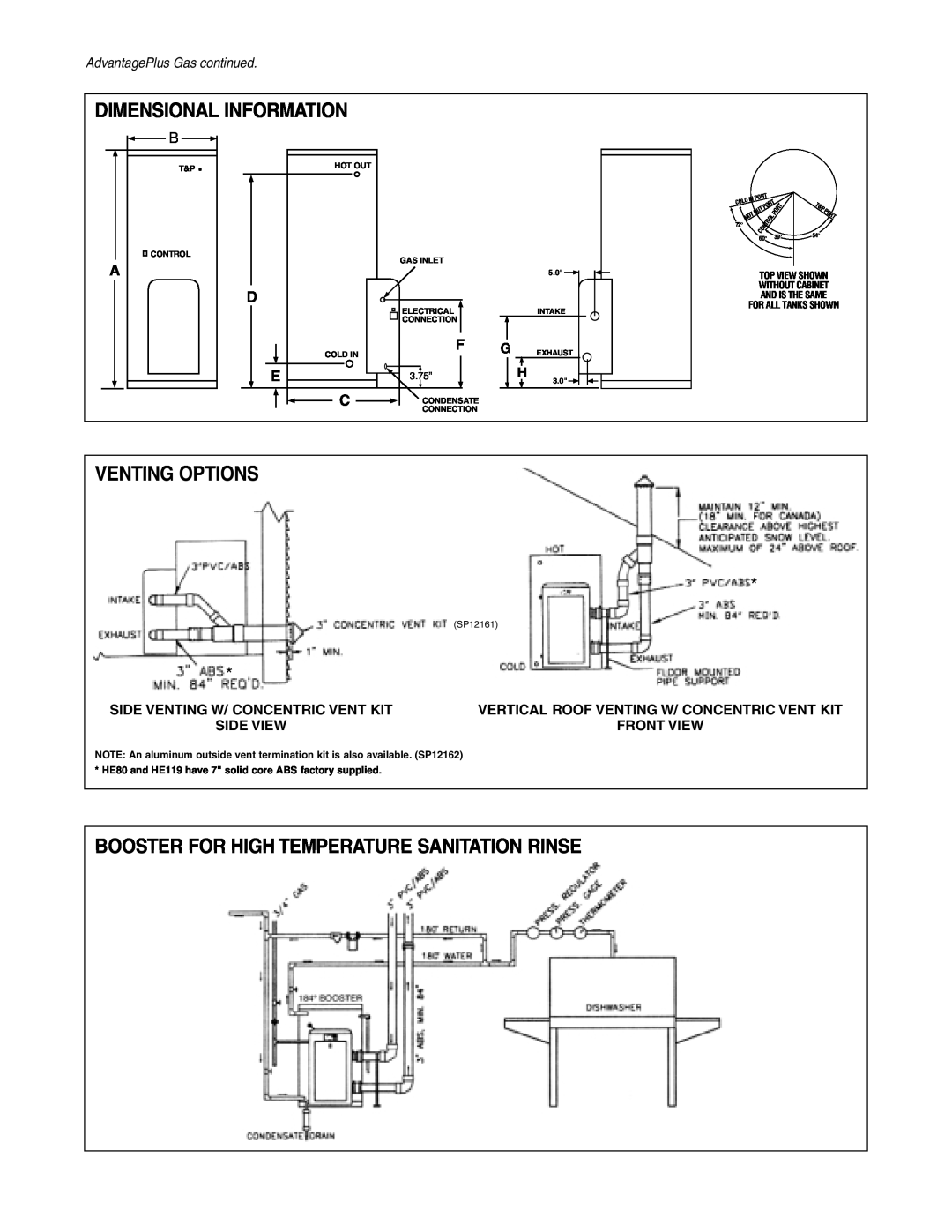 Rheem HE45-199 manual Dimensional Information, Venting Options, Booster For High Temperature Sanitation Rinse, Side View 