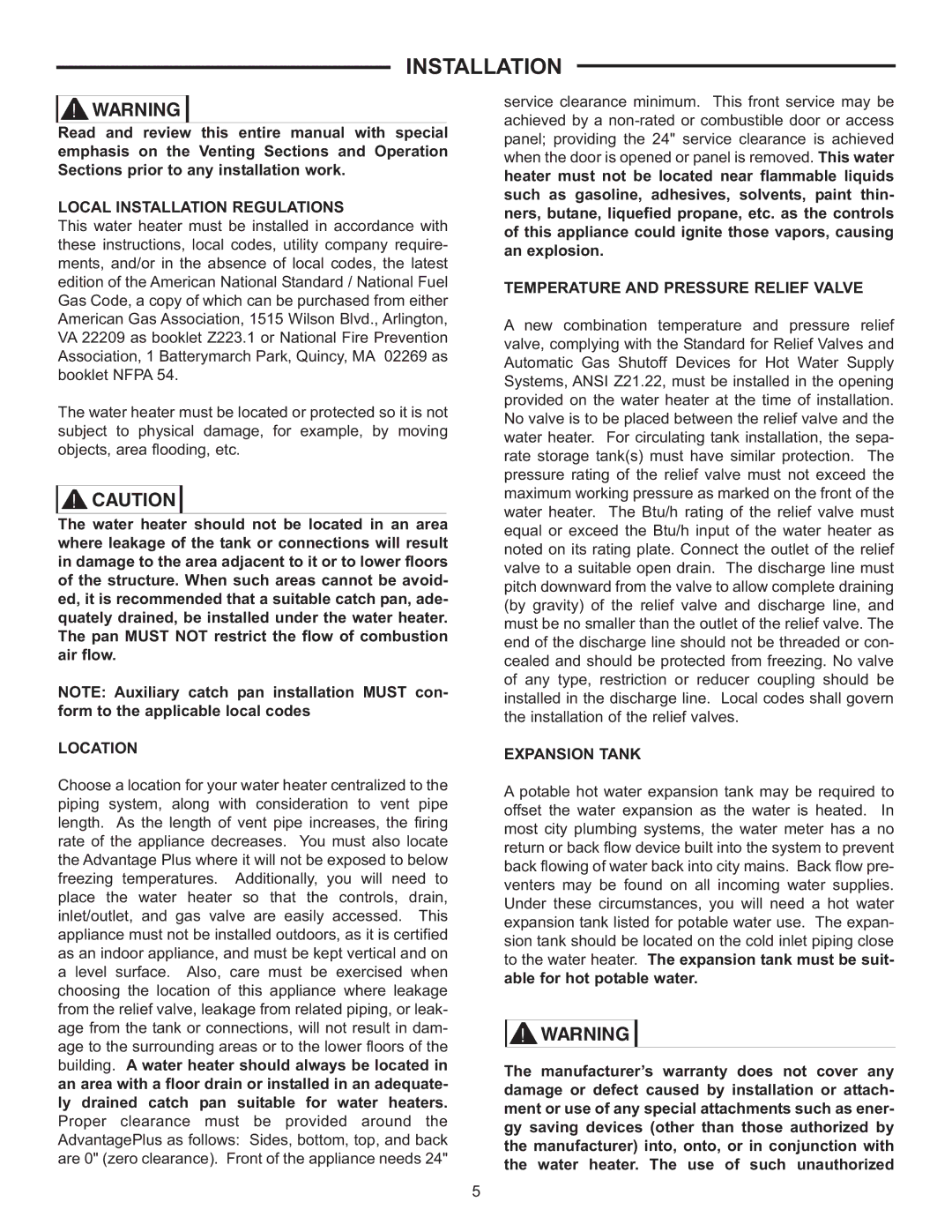 Rheem HE119-199N Local Installation Regulations, Location, Temperature and Pressure Relief Valve, Expansion Tank 