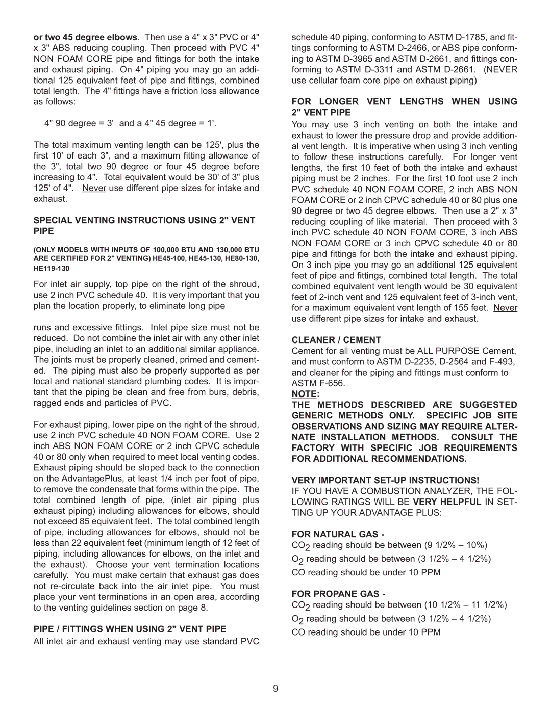 Rheem HE119-130LP Special Venting Instructions Using 2 Vent Pipe, Pipe / Fittings When Using 2 Vent Pipe, Cleaner / Cement 