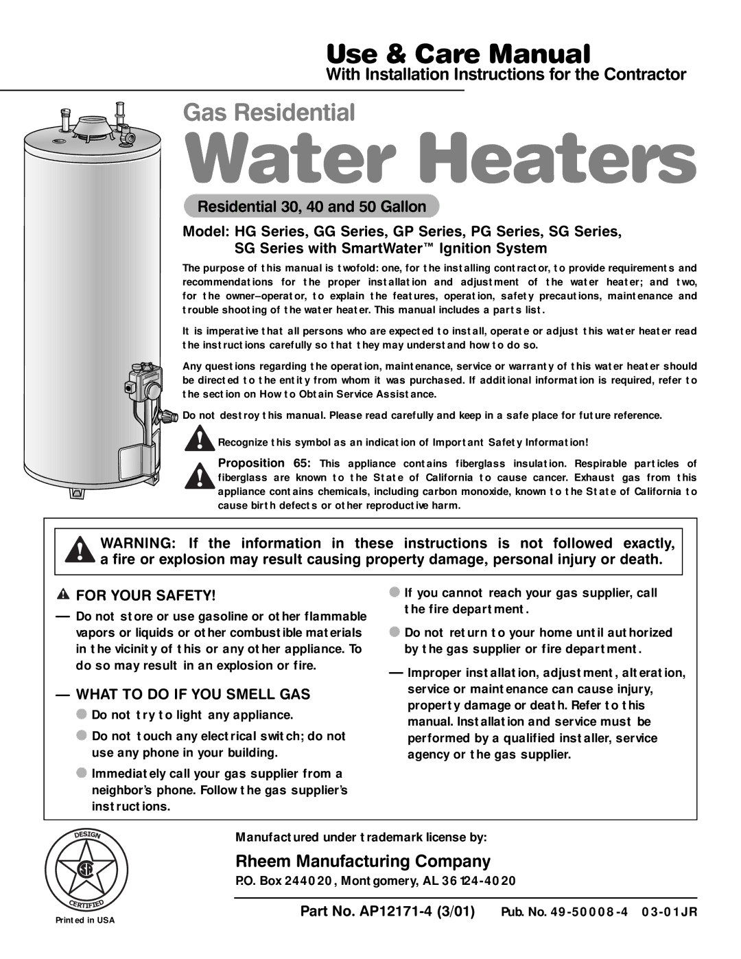 Rheem HG installation instructions Do not try to light any appliance, Manufactured under trademark license by 