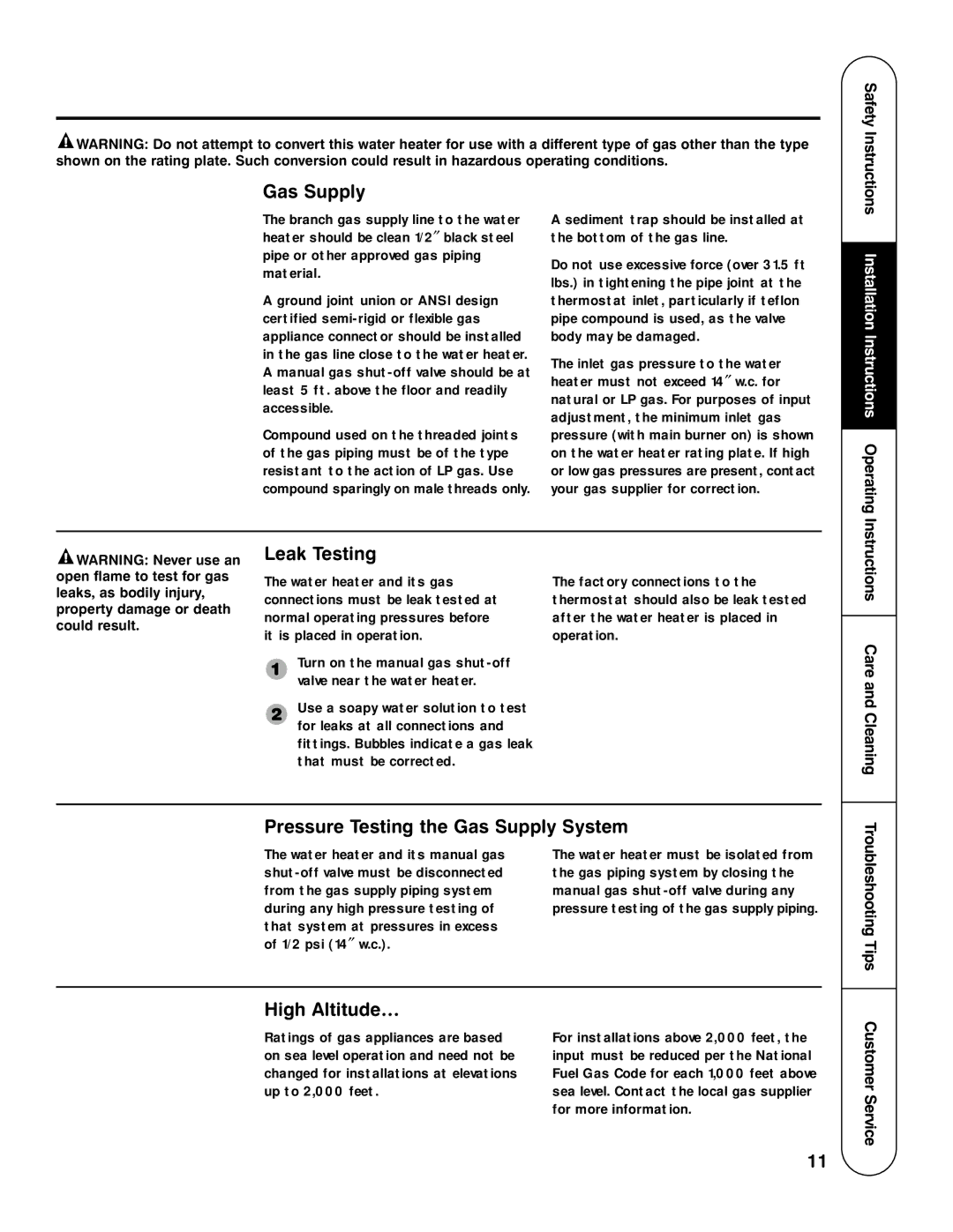 Rheem HG installation instructions Leak Testing, Pressure Testing the Gas Supply System, High Altitude… 