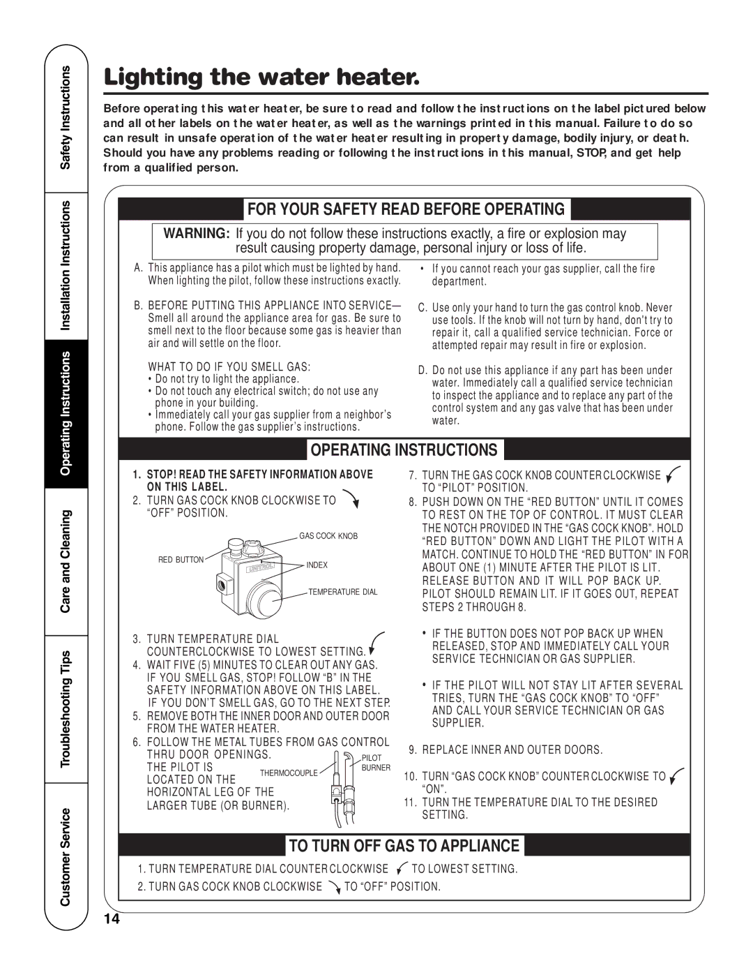 Rheem HG Lighting the water heater, Instructions Safety Instructions, Service Troubleshooting Tips Care and Cleaning 