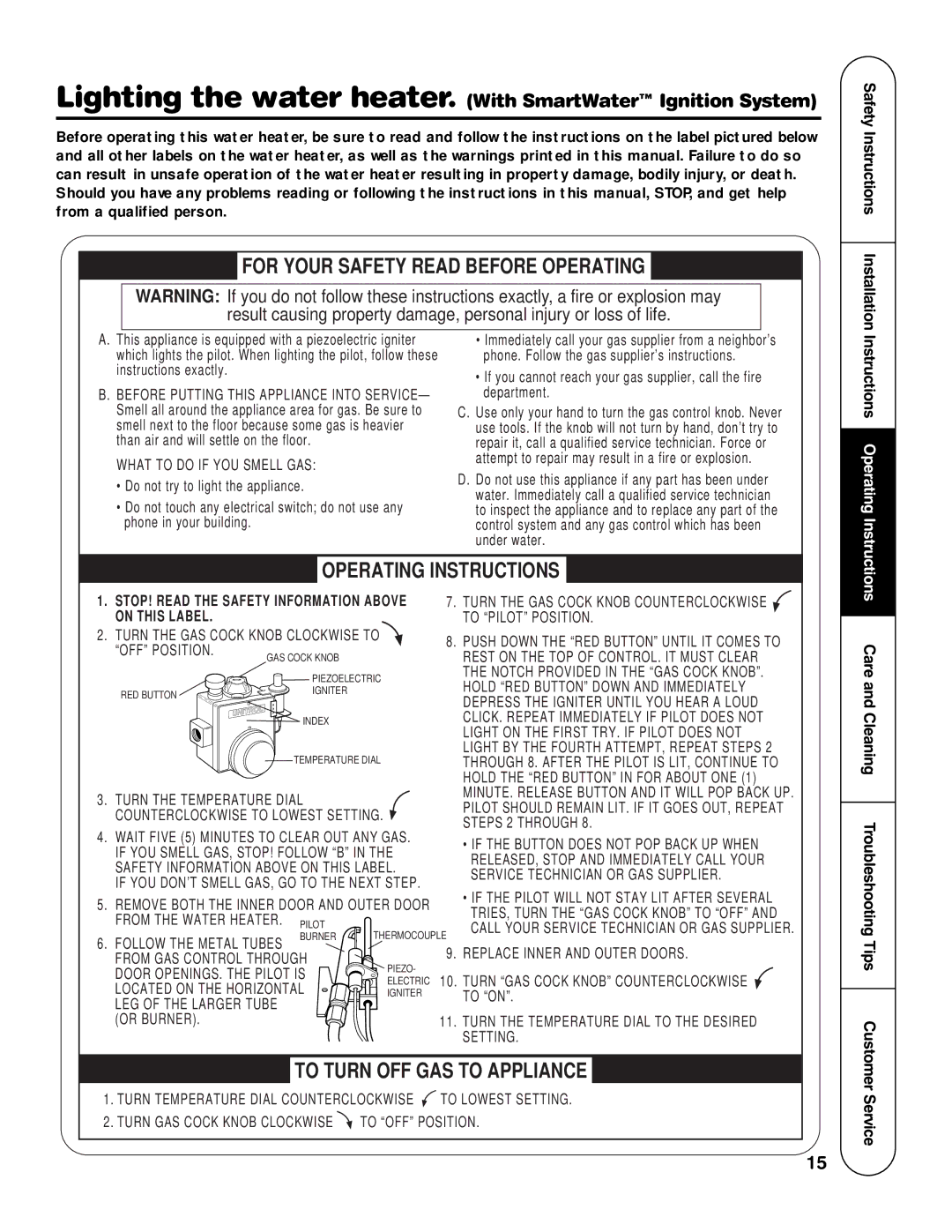 Rheem HG Lighting the water heater. With SmartWater Ignition System, Safety Instructions Installation 