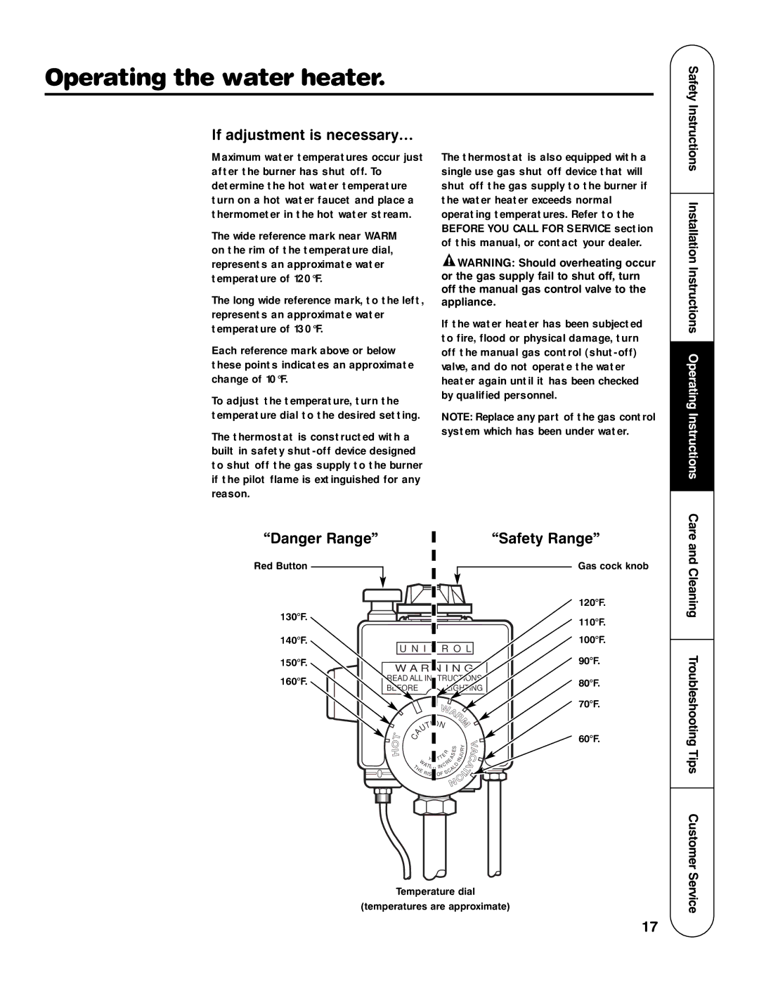 Rheem HG installation instructions If adjustment is necessary…, Safety Range, Cleaning Troubleshooting Tips Customer 