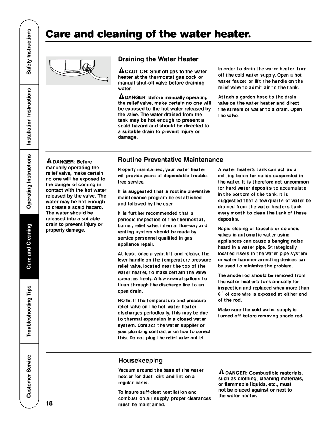 Rheem HG Care and cleaning of the water heater, Draining the Water Heater, Routine Preventative Maintenance, Housekeeping 