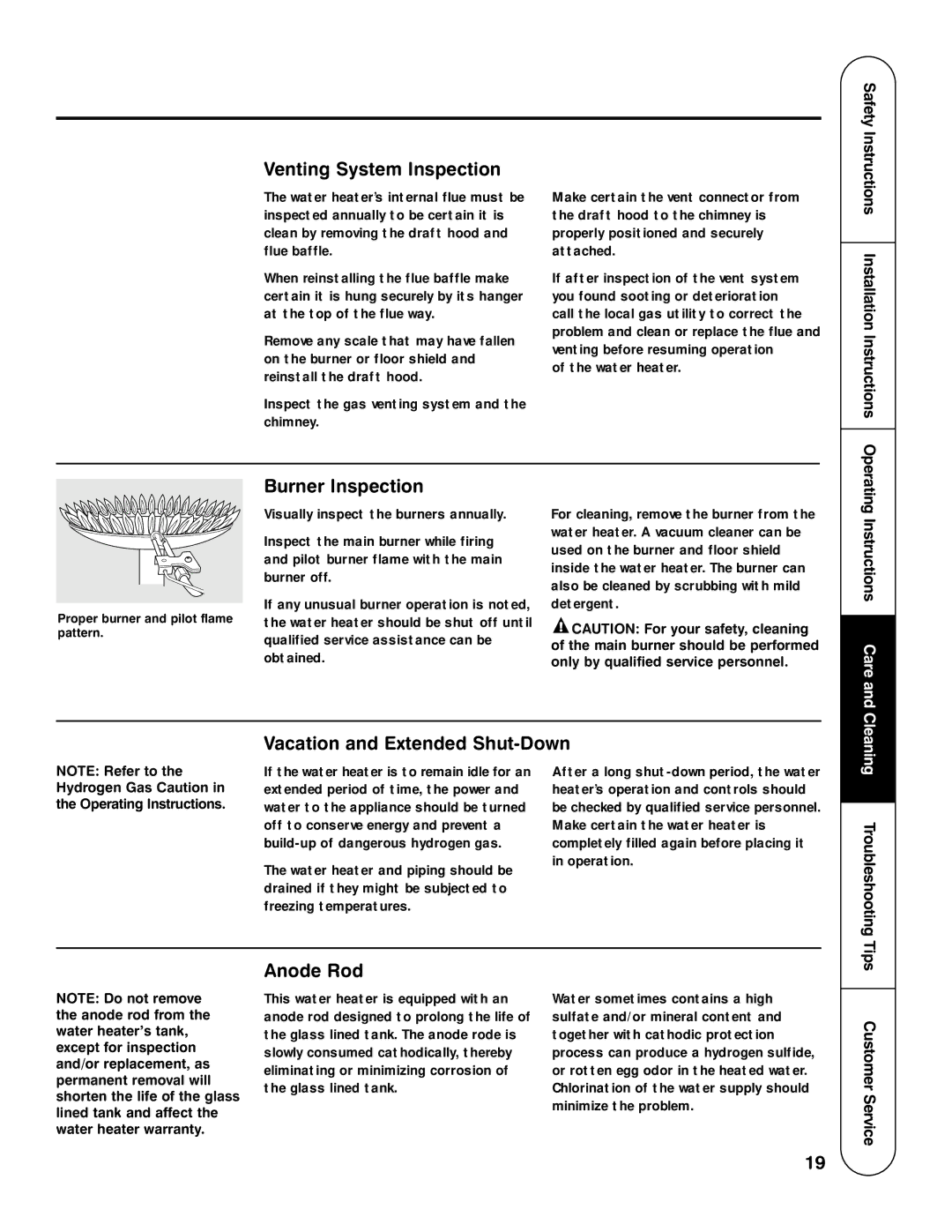 Rheem HG installation instructions Venting System Inspection, Burner Inspection, Vacation and Extended Shut-Down, Anode Rod 