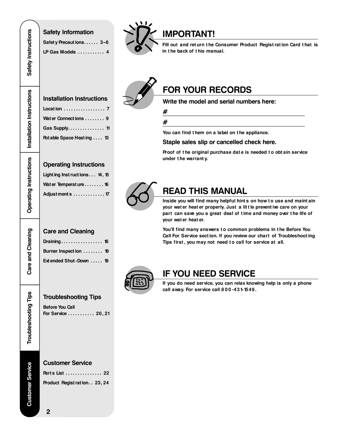 Rheem HG installation instructions For Your Records, Read this Manual, If YOU Need Service 