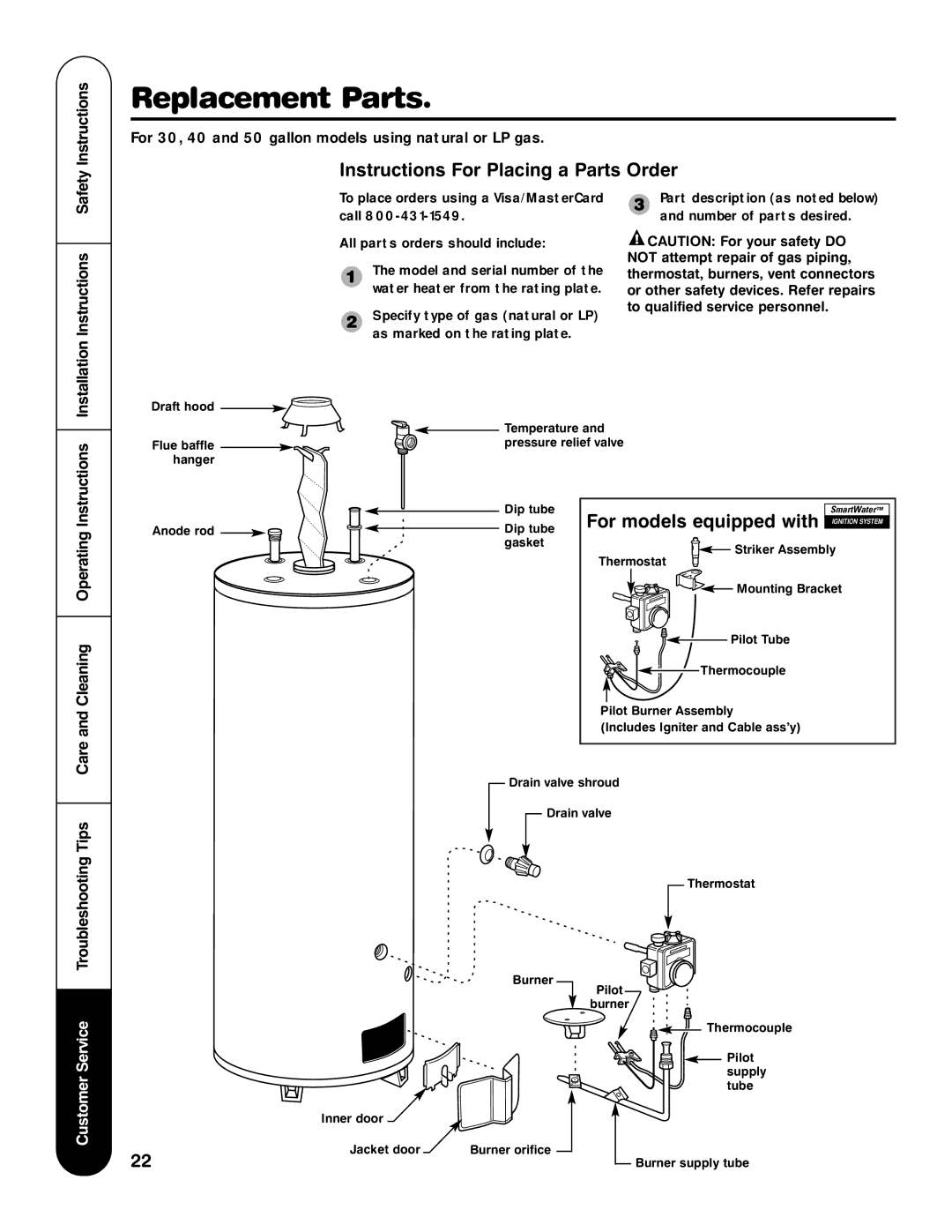 Rheem HG Replacement Parts, Instructions For Placing a Parts Order, For models equipped with Ignition System 