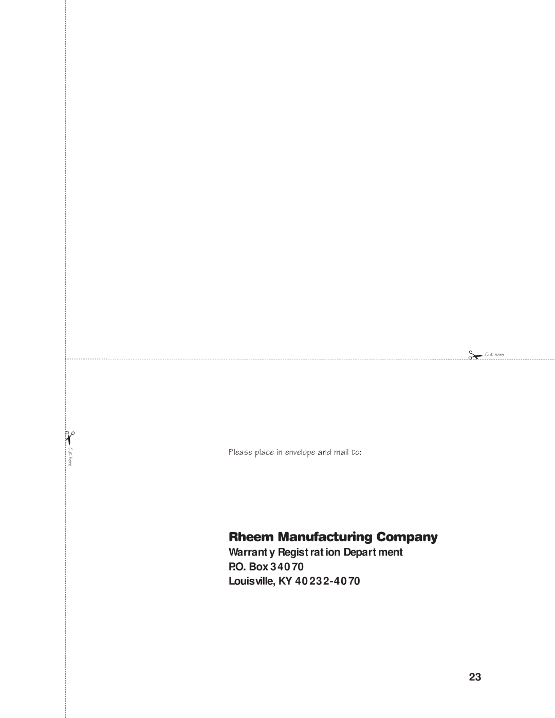 Rheem HG installation instructions Please place in envelope and mail to 