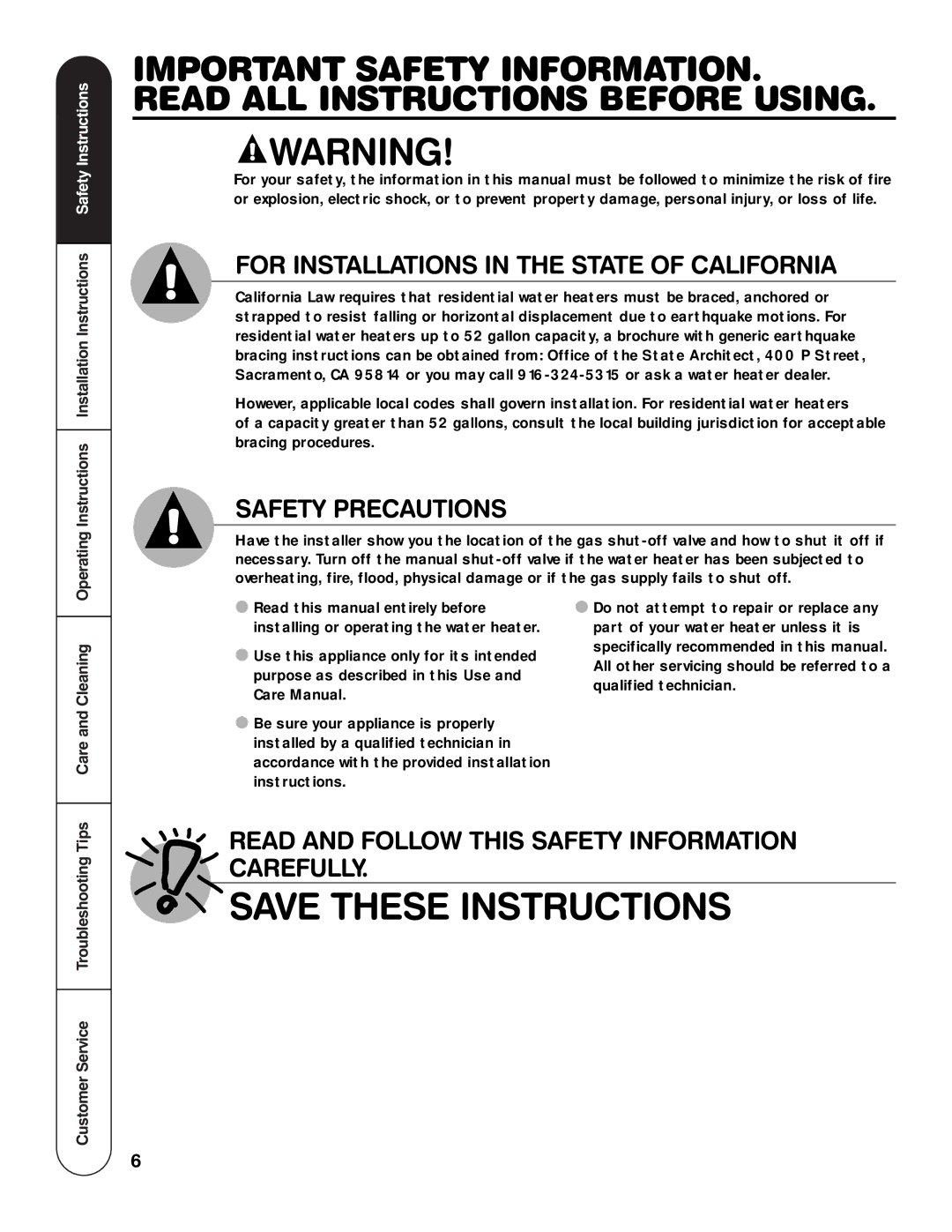 Rheem HG For Installations in the State of California, Safety Precautions, Customer Service Troubleshooting Tips 