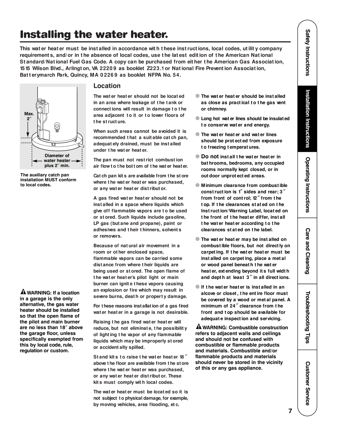 Rheem HG installation instructions Installing the water heater, Location 