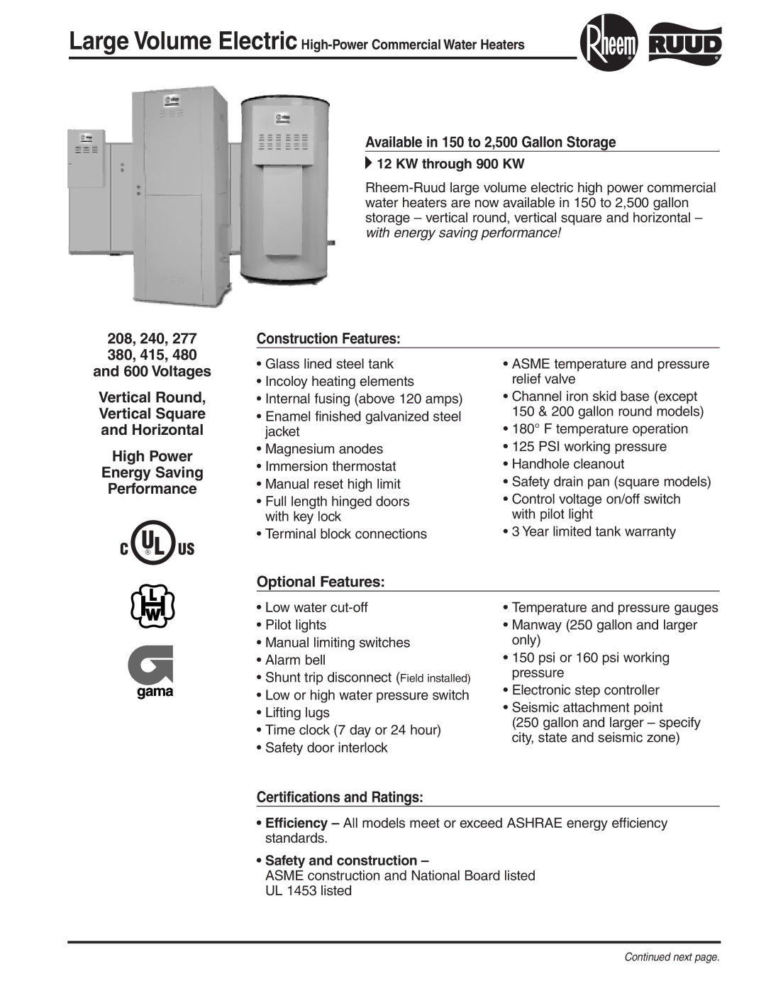 Rheem High-Power Commercial Water Heater warranty Available in 150 to 2,500 Gallon Storage, Optional Features 