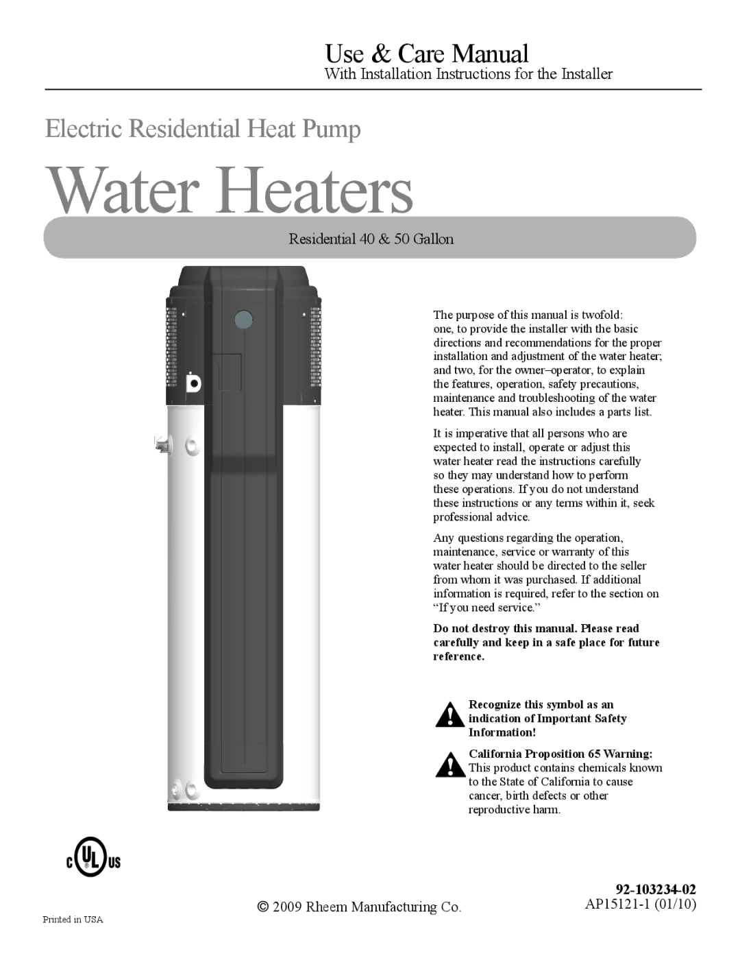 Rheem HP50RH, HP50RU, HP40RU, AP15121-1 installation instructions Water Heaters, 92-103234-02 