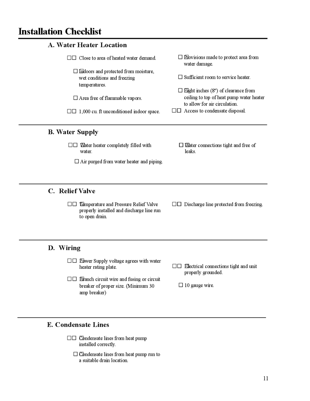 Rheem HP50RH, HP50RU, HP40RU Installation Checklist, Water Heater Location, Water Supply, Wiring, Condensate Lines 