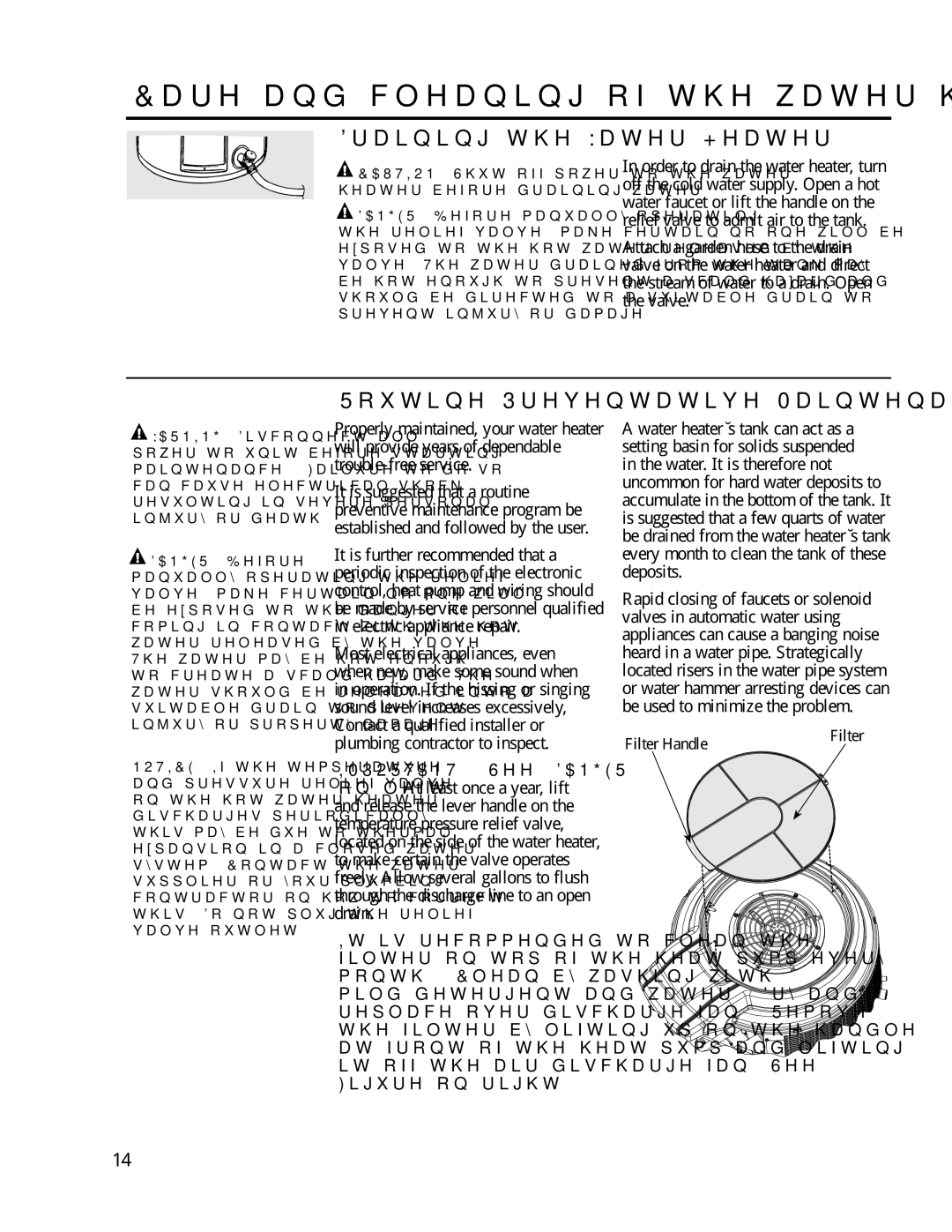 Rheem 92-103234-02 Care and cleaning of the water heater, Draining the Water Heater, Routine Preventative Maintenance 