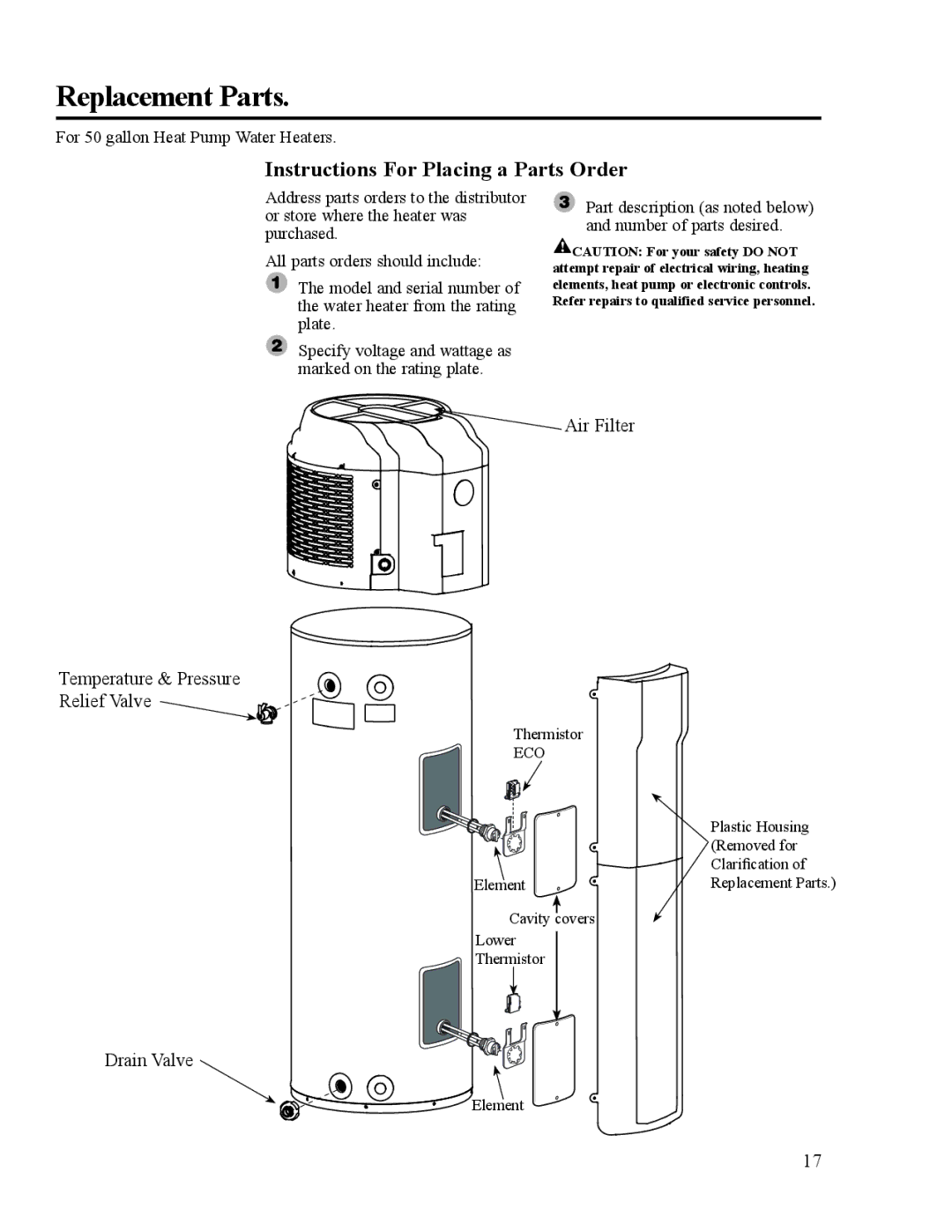 Rheem HP40RU, HP50RU, HP50RH, AP15121-1, 92-103234-02 Replacement Parts, Instructions For Placing a Parts Order 