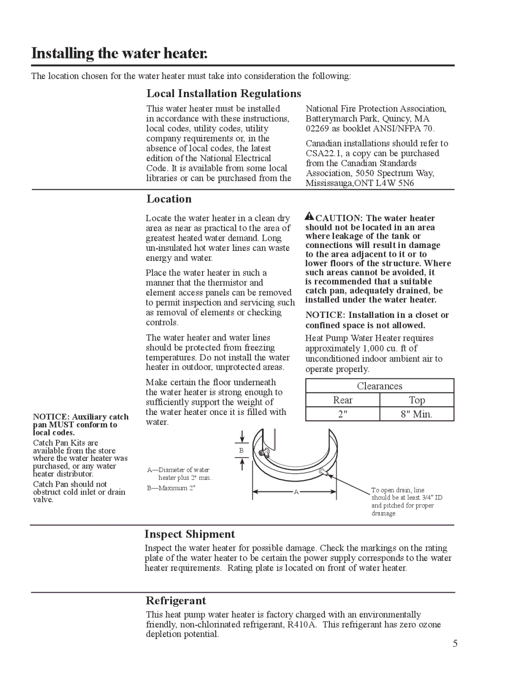 Rheem HP50RU, HP50RH Installing the water heater, Local Installation Regulations, Location, Inspect Shipment, Refrigerant 