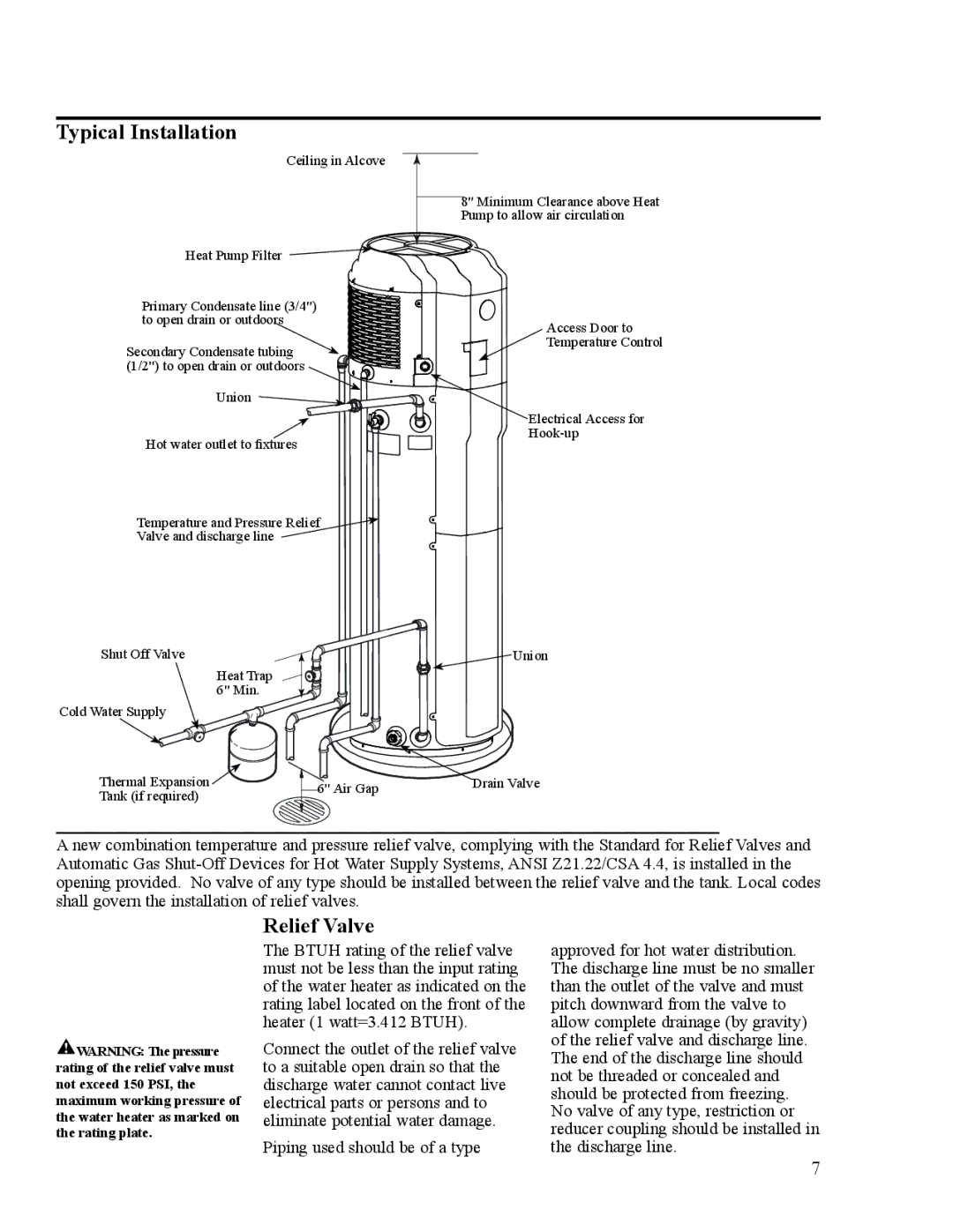 Rheem HP40RU, HP50RU, HP50RH, AP15121-1, 92-103234-02 installation instructions Typical Installation, Relief Valve 