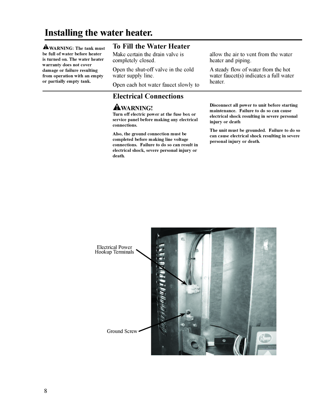 Rheem AP15121-1, HP50RU, HP50RH, HP40RU, 92-103234-02 To Fill the Water Heater, Electrical Connections 