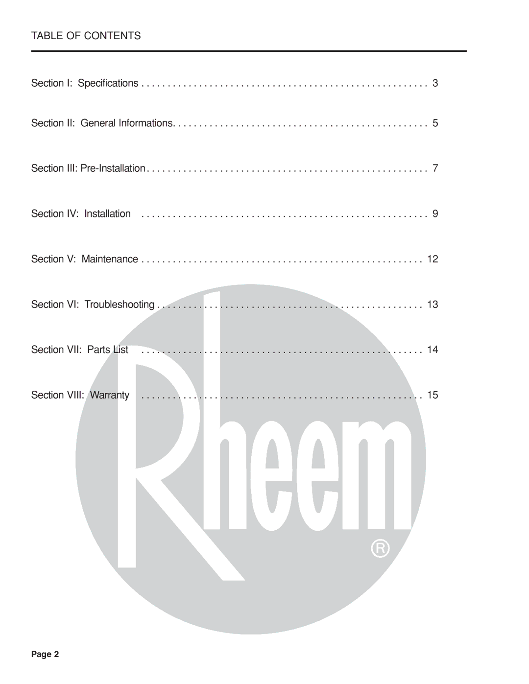 Rheem Indirect Water Heater warranty Table of Contents 