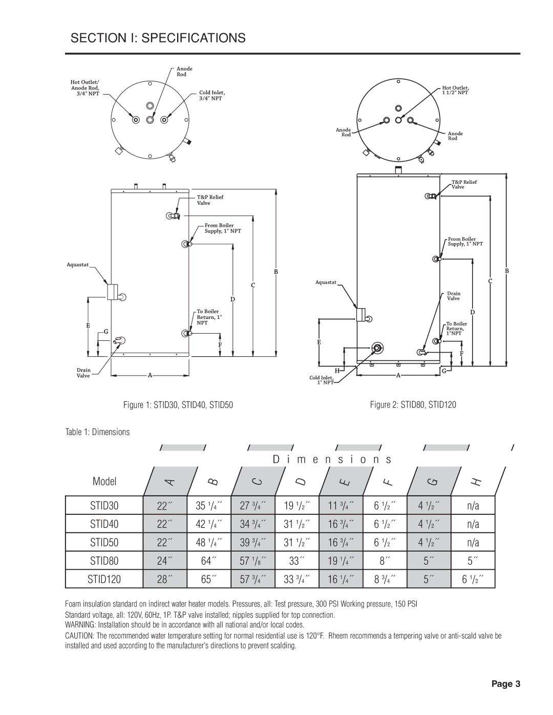 Rheem Indirect Water Heater warranty Section I Specifications, Npt 