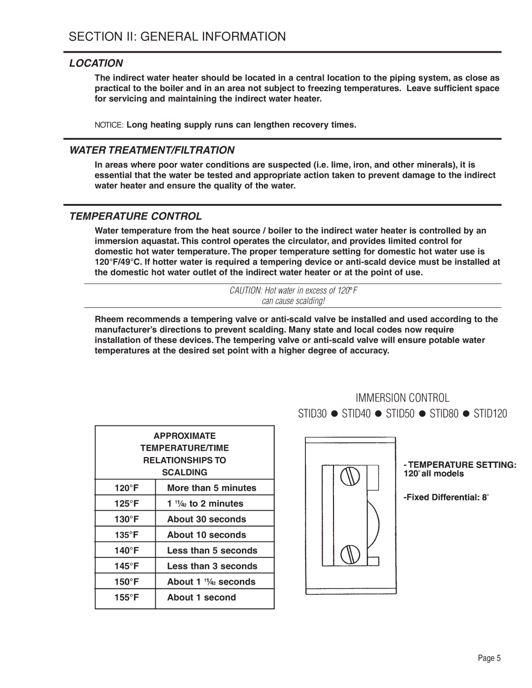 Rheem Indirect Water Heater Section II General Information, Location, Water treatment/filtration, Temperature control 