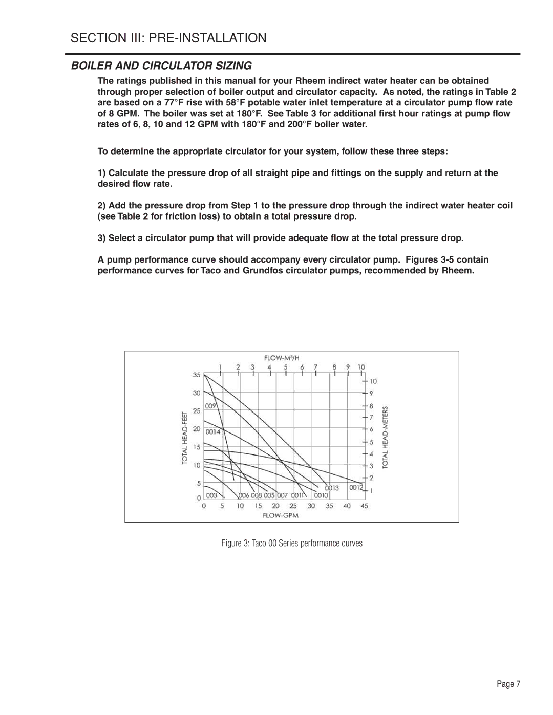 Rheem Indirect Water Heater warranty Section III Pre-Installation, Boiler and circulator sizing 