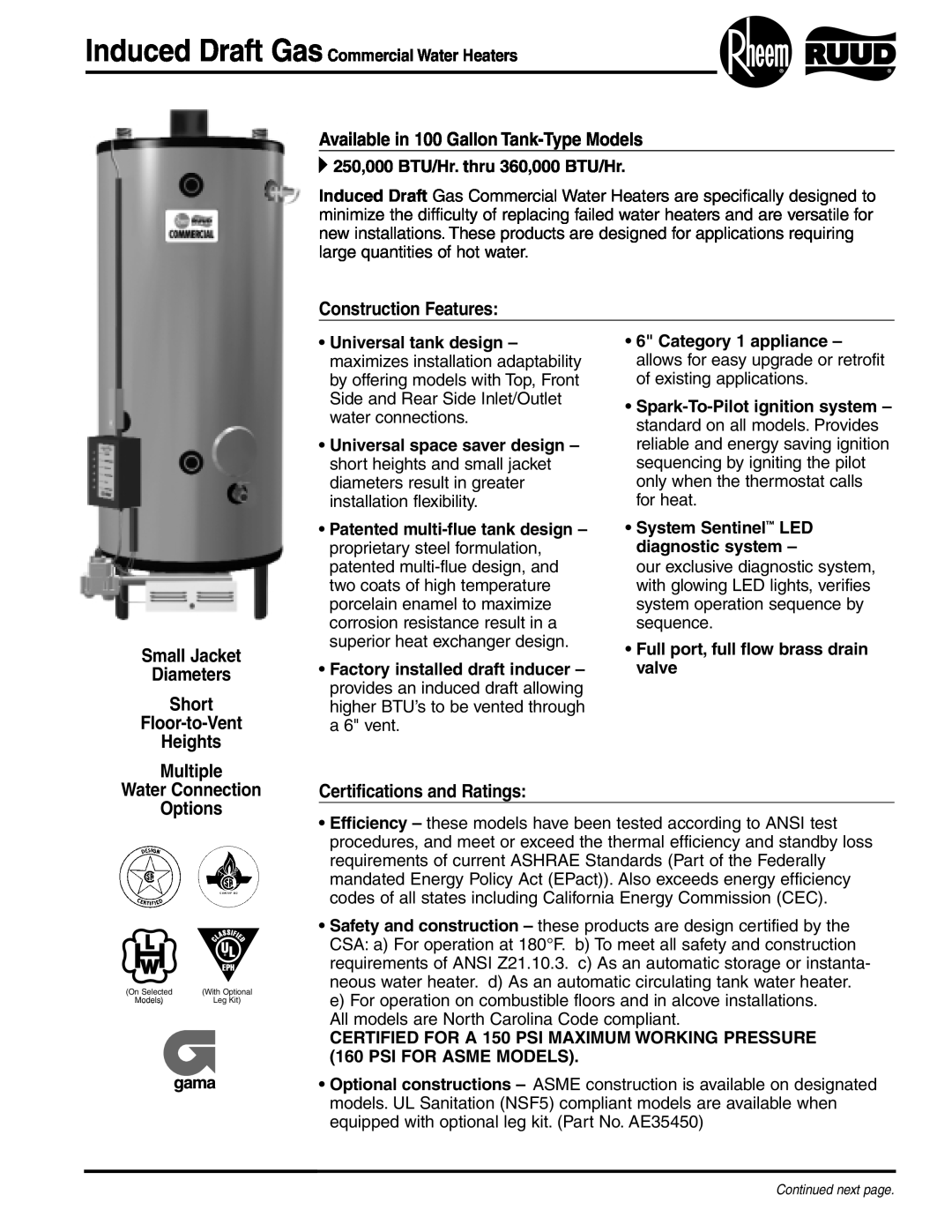 Rheem Induced Draft manual Available in 100 Gallon Tank-Type Models, Construction Features, Water Connection Options 