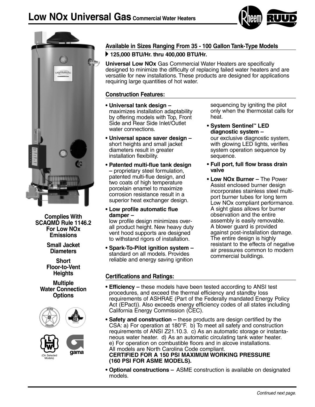 Rheem Low NOX manual Low NOx Universal Gas Commercial Water Heaters, 125,000 BTU/Hr. thru 400,000 BTU/Hr 