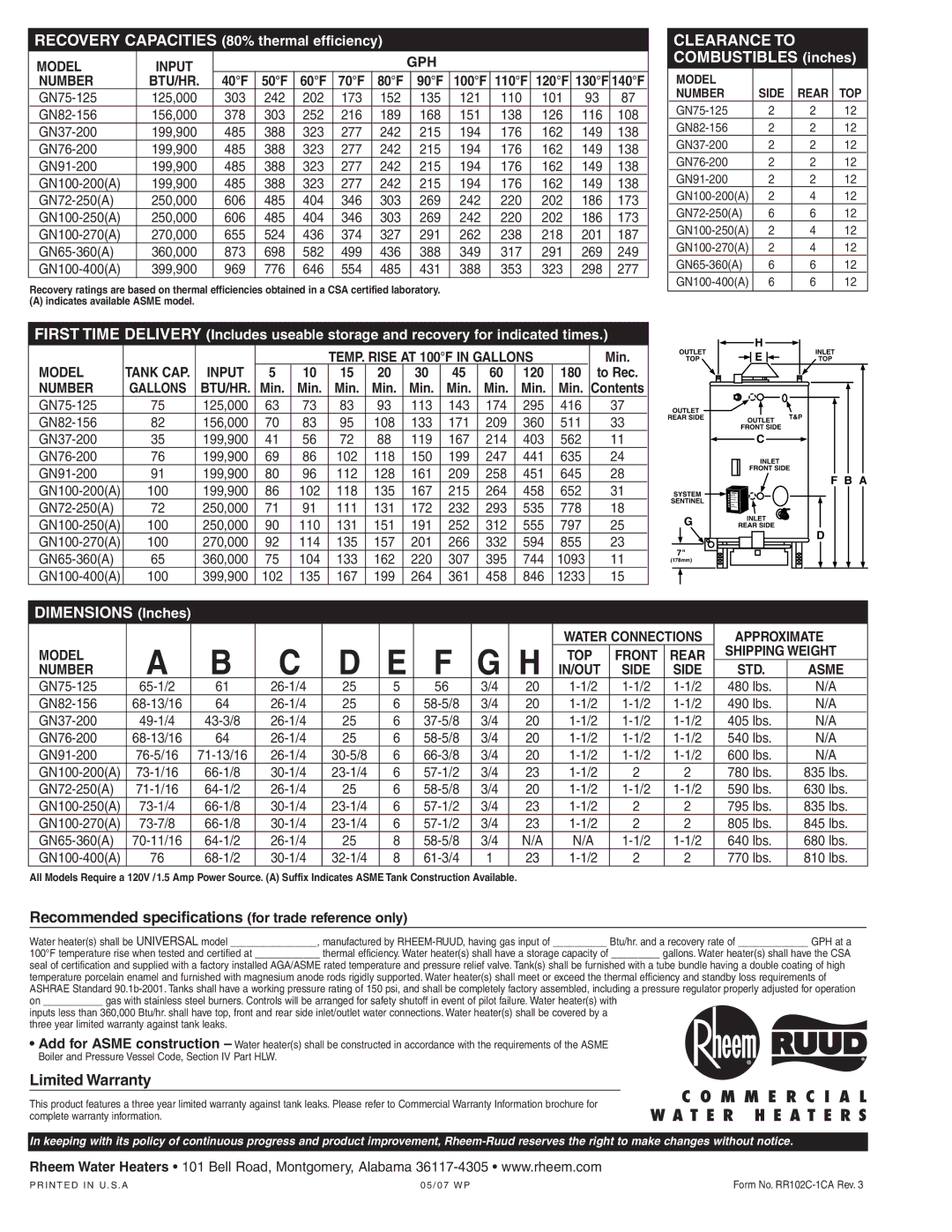 Rheem Low NOX Clearance to Combustibles inches, Dimensions Inches, Recommended specificationsfor trade reference only 