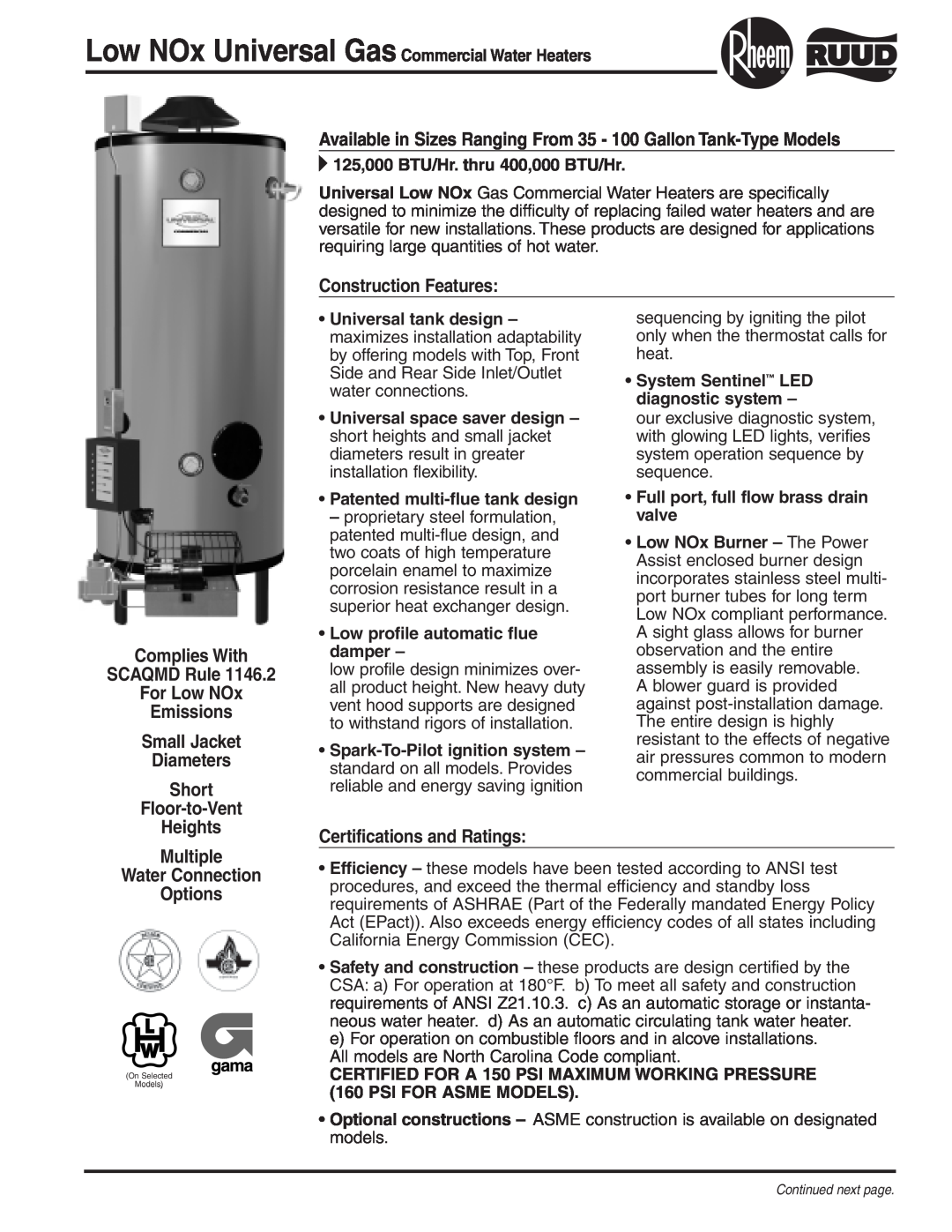 Rheem Low NOX manual Available in Sizes Ranging From 35 - 100 GallonTank-Type Models, Construction Features 