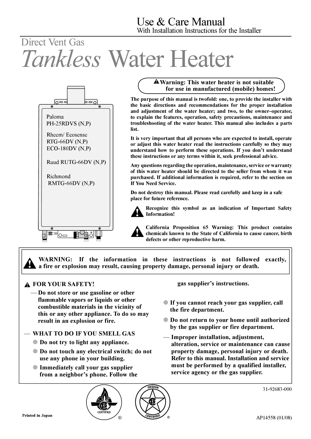 Rheem PH-25RDVS, P), RUTG-66DV, RMTG-66DV, ECO-180DV warranty Tankless Water Heater 