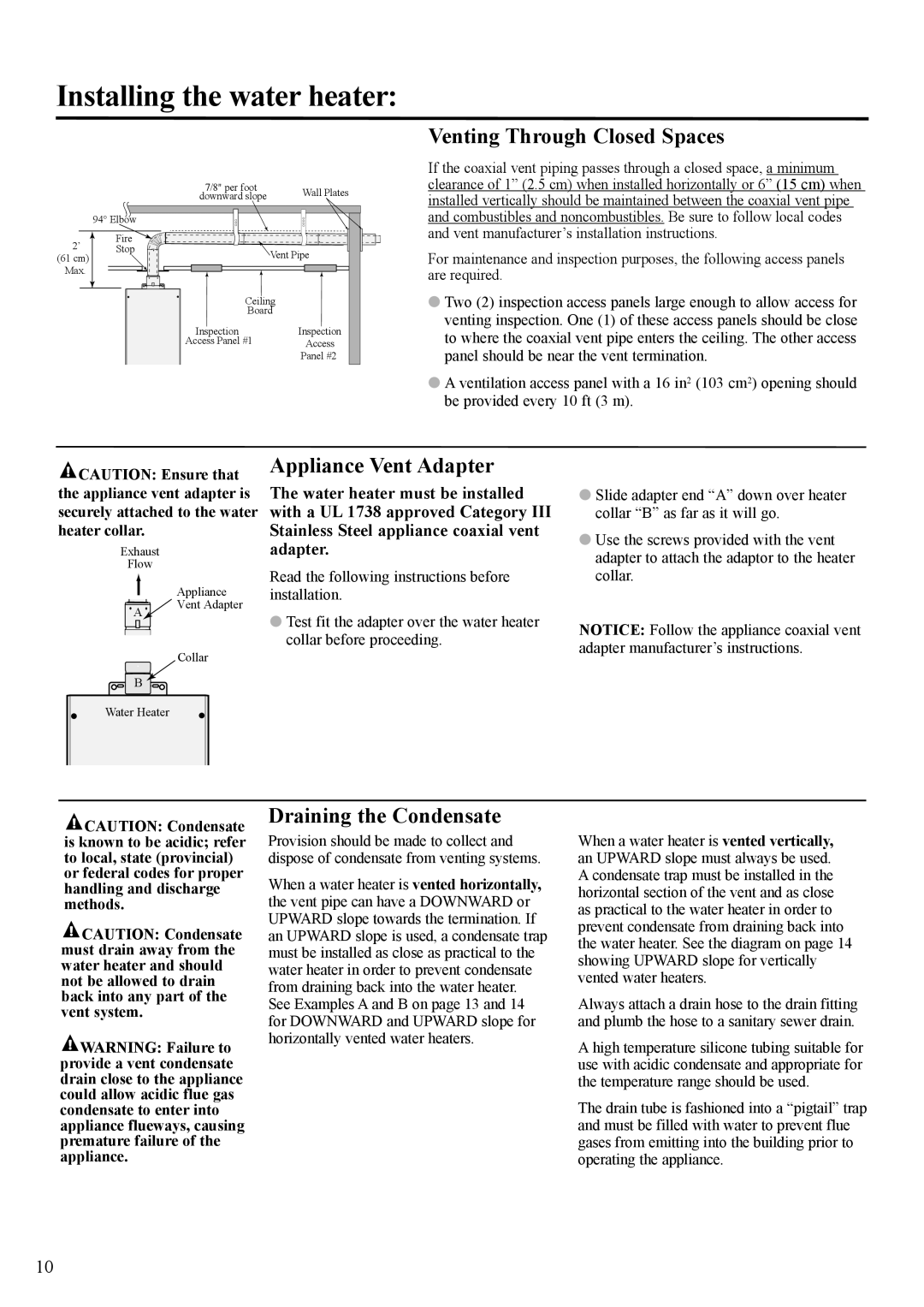 Rheem P), PH-25RDVS, RUTG-66DV, RMTG-66DV Venting Through Closed Spaces, Appliance Vent Adapter, Draining the Condensate 