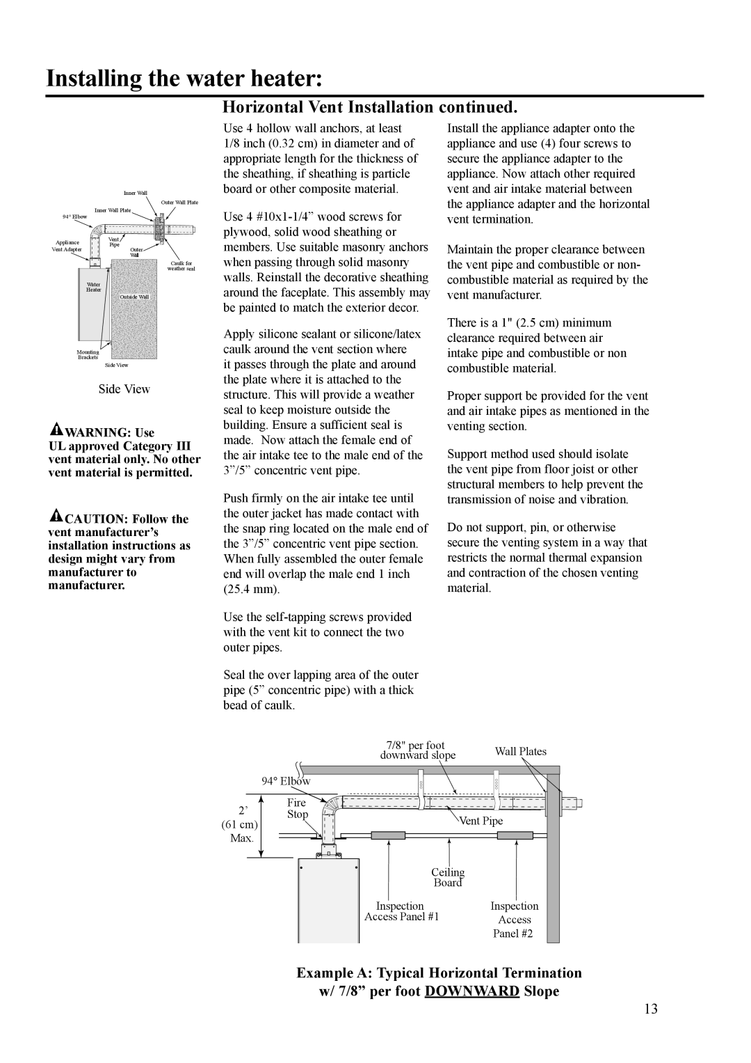 Rheem RMTG-66DV, P), PH-25RDVS, RUTG-66DV, ECO-180DV warranty Horizontal Vent Installation 