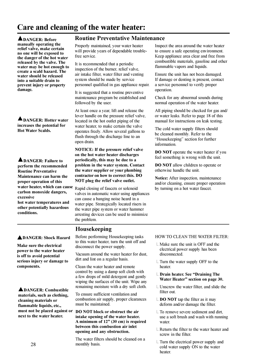 Rheem RMTG-66DV, P), PH-25RDVS, RUTG-66DV, ECO-180DV warranty Routine Preventative Maintenance, Housekeeping 