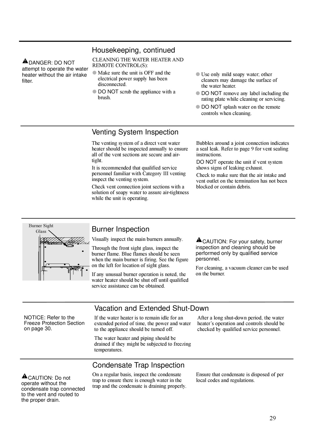 Rheem ECO-180DV Venting System Inspection, Burner Inspection, Vacation and Extended Shut-Down, Condensate Trap Inspection 