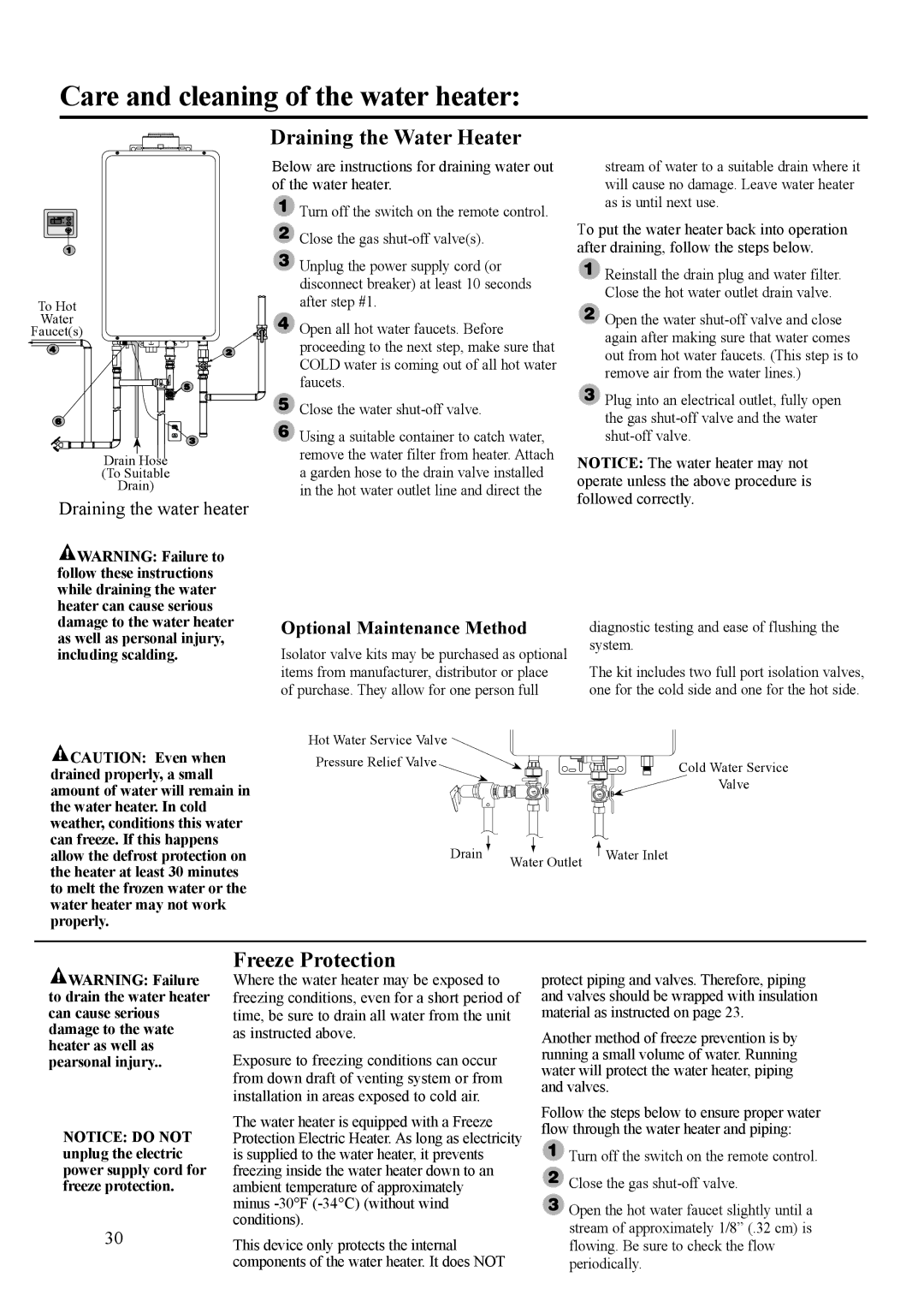 Rheem P), PH-25RDVS, RUTG-66DV, RMTG-66DV, ECO-180DV warranty Draining the Water Heater, Freeze Protection 