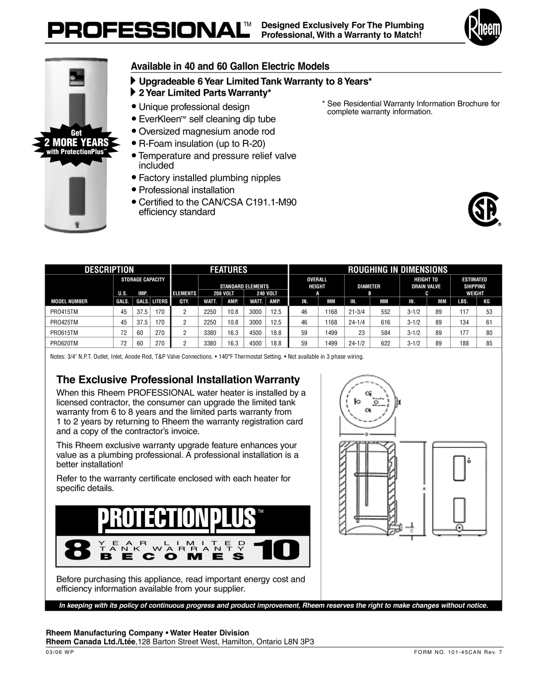 Rheem PRO615TM, PRO415TM warranty Exclusive Professional Installation Warranty, More Years, C O M E S, Description 