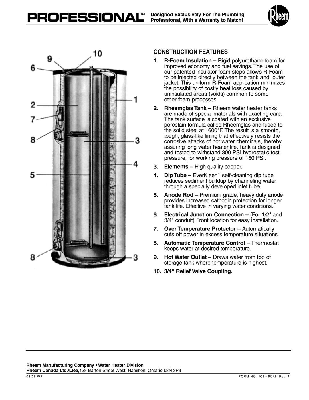 Rheem PRO620TM, PRO415TM, PRO615TM, PRO425TM warranty Construction Features 