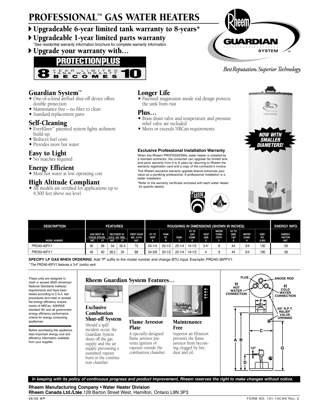 Rheem PRO40-40FY1 dimensions Guardian System, Self-Cleaning, Longer Life, Plus…, Easy to Light, Energy Efficient 