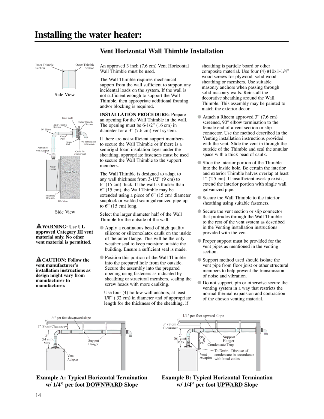 Rheem PH20R-(IFSN)(IFSP)(OFN)(OFP), PTG2-42(PVN)(PVP), PH-16(FISN)(FISP) warranty Vent Horizontal Wall Thimble Installation 