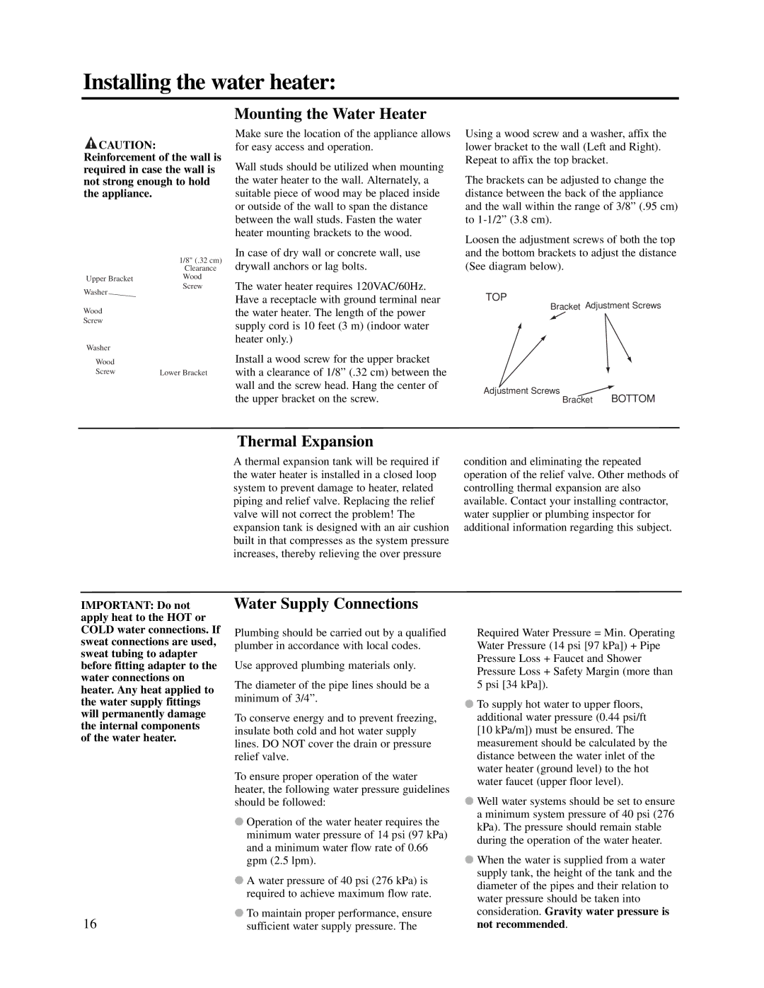 Rheem RUTG2-53-(PVN)(PVP)(XN)(XP) warranty Mounting the Water Heater, Thermal Expansion, Water Supply Connections 