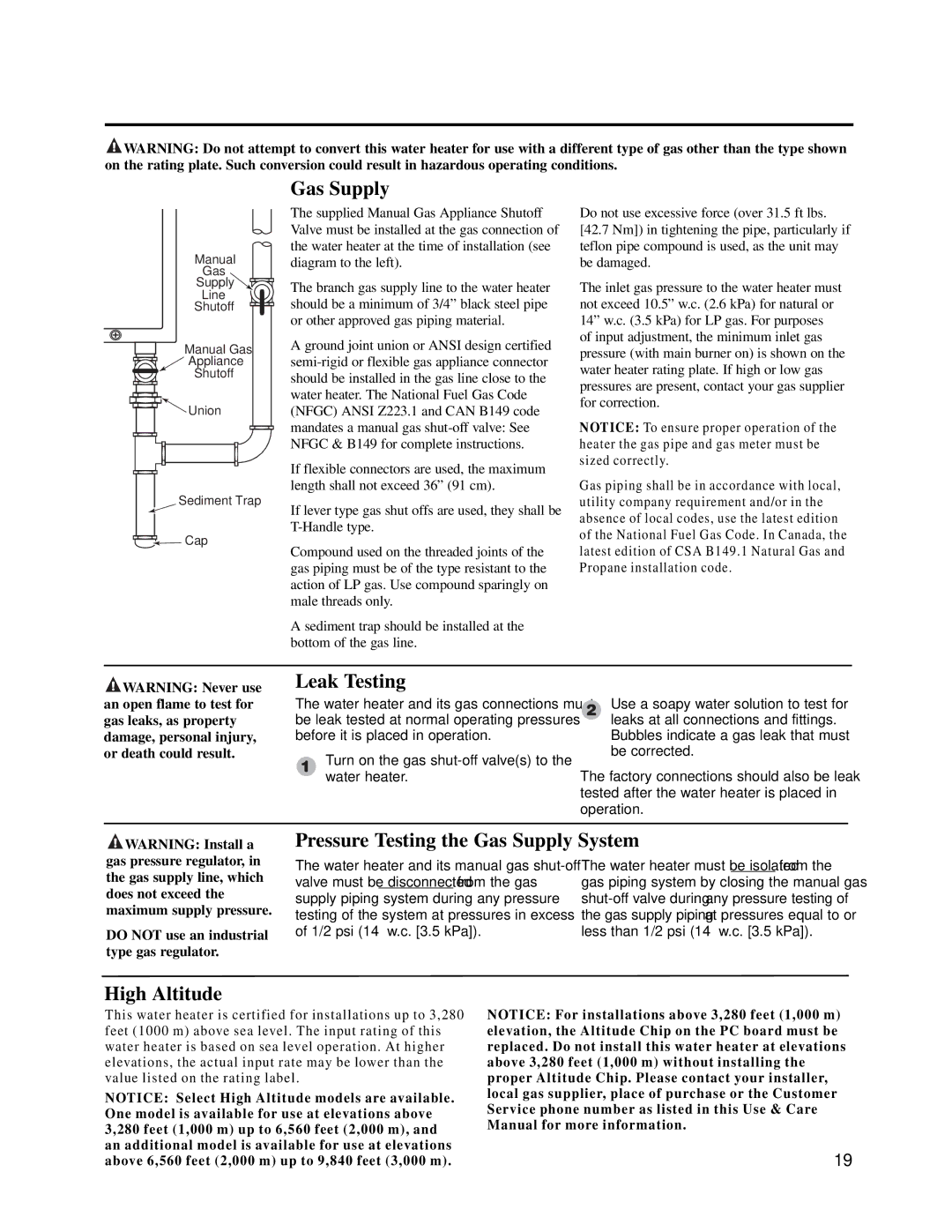 Rheem PH-16(FISN)(FISP), PTG2-42(PVN)(PVP) warranty Leak Testing, Pressure Testing the Gas Supply System, High Altitude 