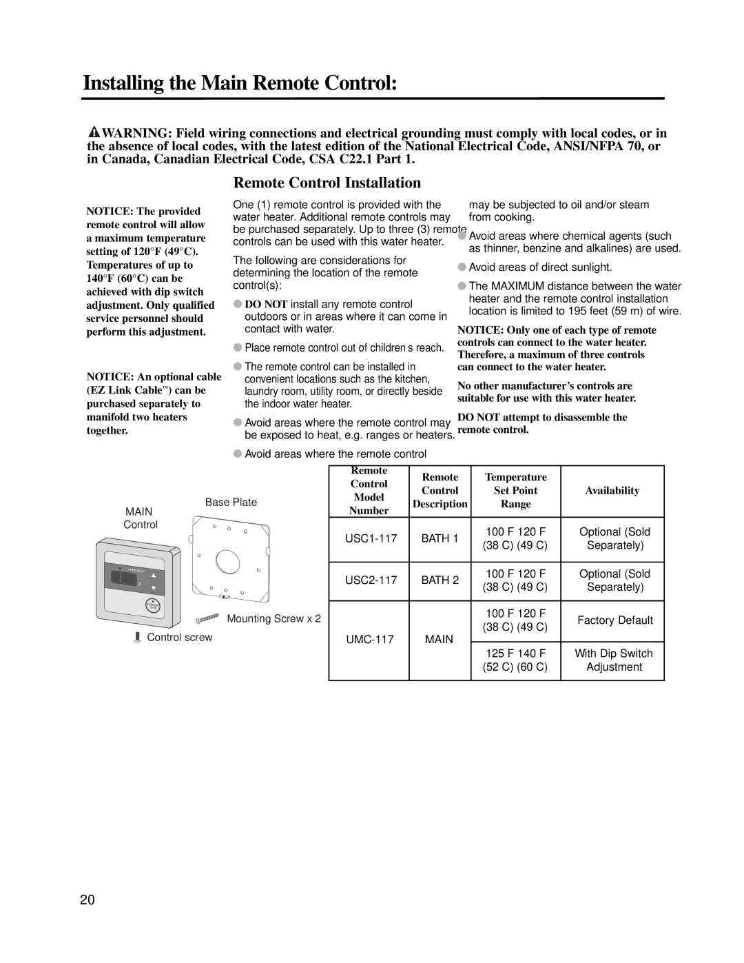 Rheem RUTG2-42(PVN)(PVP), PTG2-42(PVN)(PVP), PH-16(FISN)(FISP), RTG2-42(PVN)(PVP) warranty Remote Control Installation 