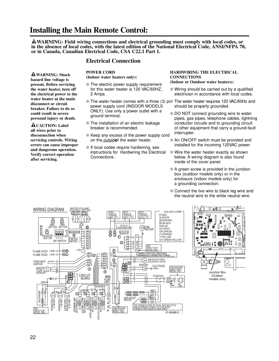 Rheem RMTG2-42(PVN)(PVP) warranty Electrical Connection, Indoor water heaters only, Indoor or Outdoor water heaters 