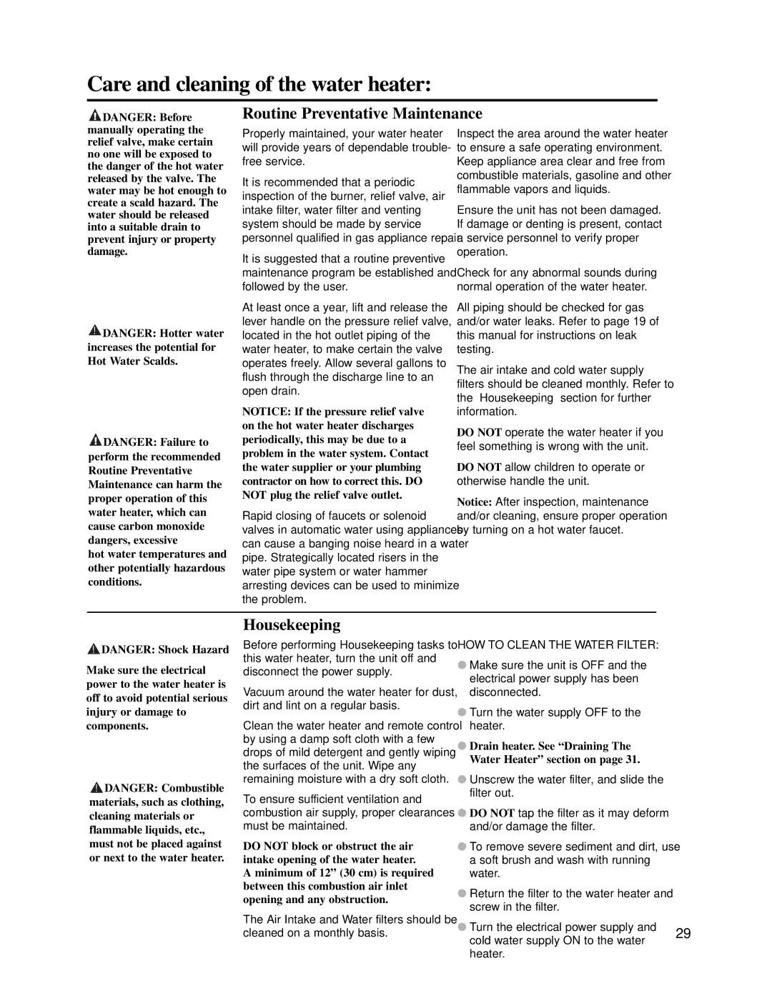 Rheem RUTG2-42(PVN)(PVP), PTG2-42(PVN)(PVP), PH-16(FISN)(FISP) warranty Routine Preventative Maintenance, Housekeeping 