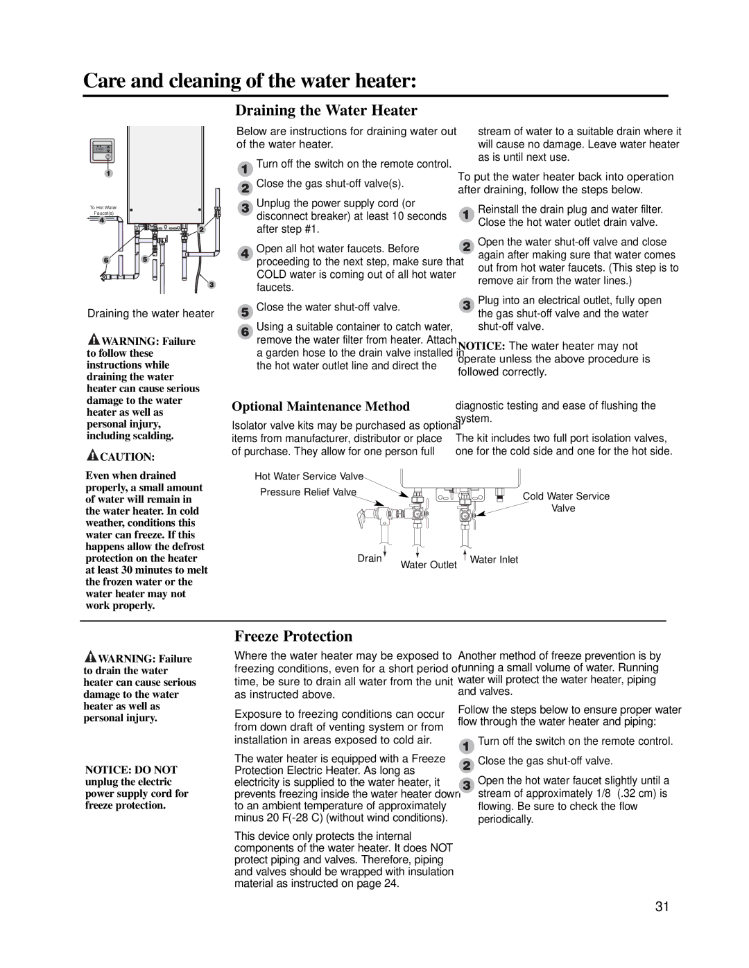 Rheem RMTG2-42(PVN)(PVP), PTG2-42(PVN)(PVP), PH-16(FISN)(FISP) warranty Draining the Water Heater, Freeze Protection 